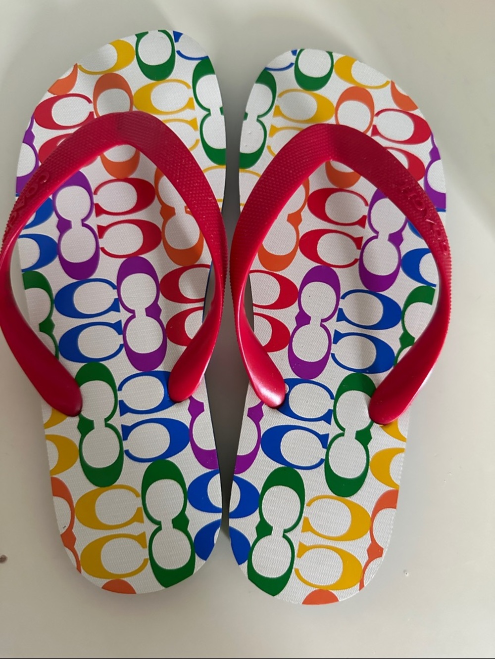 Coach Multicolor Rainbow Signature Flip Flops with Pink Straps sz 8 nwot